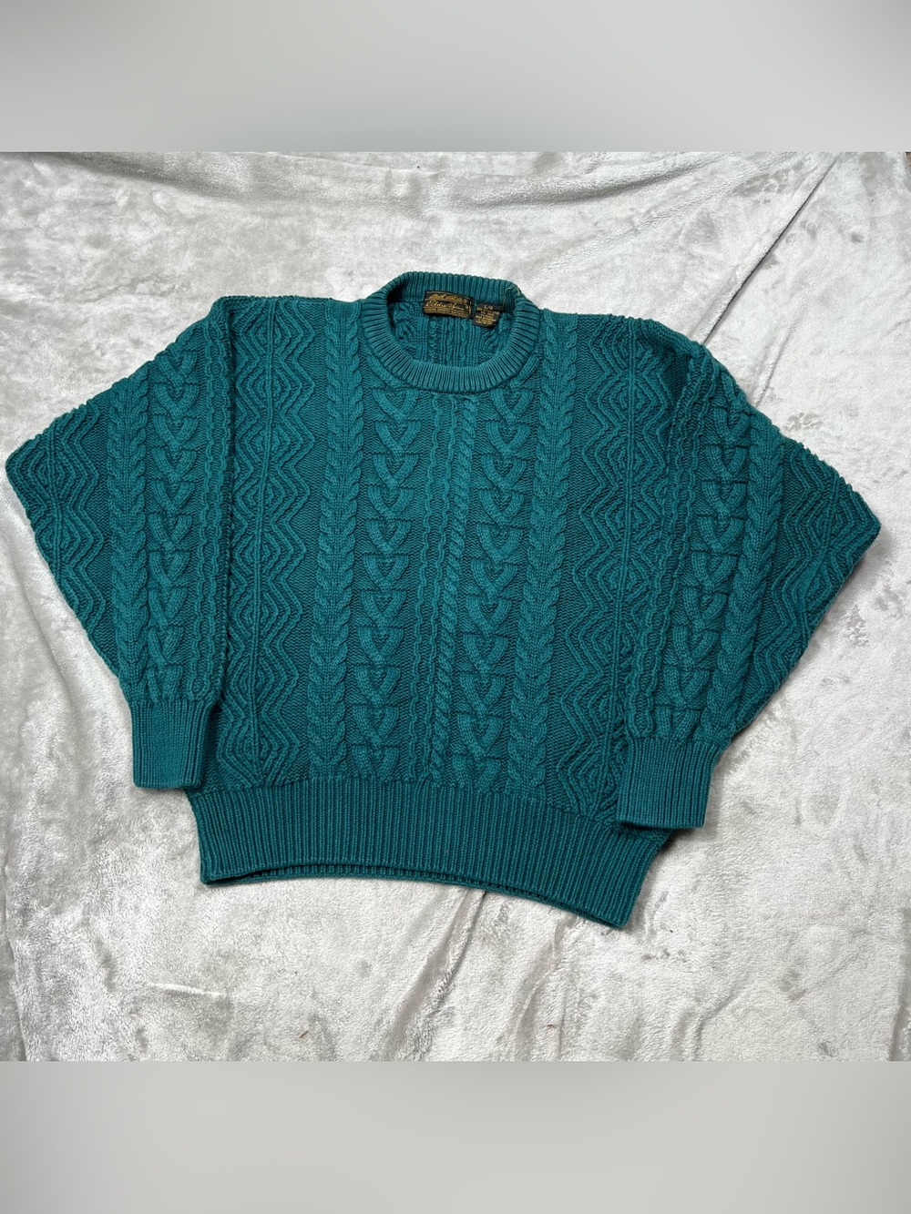 Vintage Eddie Bauer Chunky Cable Knit Sweater Mens L Teal Cotton Pullover Y2K